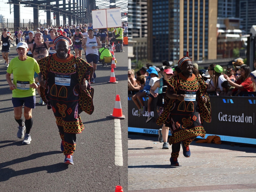 Inspirational: Afowiri reveals how Cameroonian Internally Displaced Persons (IDPs) made his Sydney Marathon Toghu Outfit