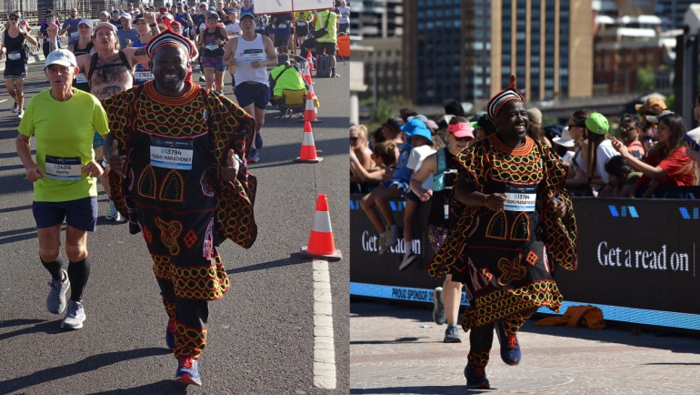 Inspirational: Afowiri reveals how Cameroonian Internally Displaced Persons (IDPs) made his Sydney Marathon Toghu Outfit